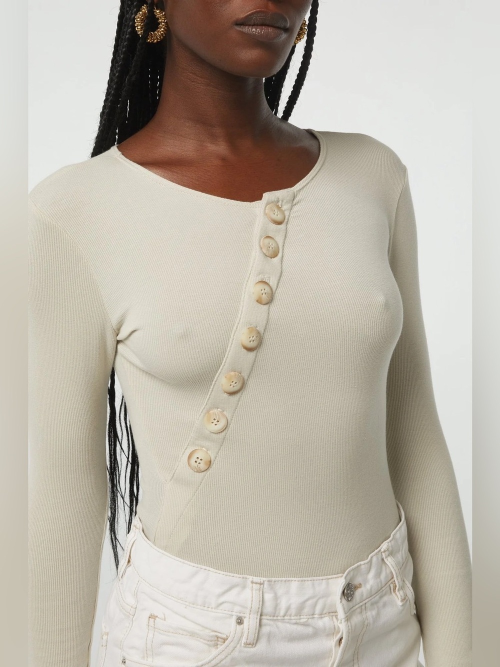The Line by K Evelyn Bodysuit beige Cement ribbed knit modal top asymmetrical